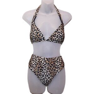 Rampage Leopard String Bikini Set Halter Triangle High Waist Gold Womens Size XL